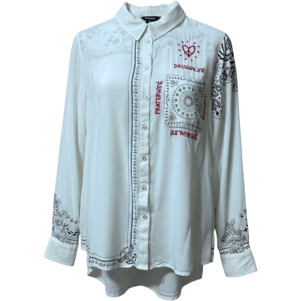 Desigual Button Down Shirt Womens XXL White Bandana Embroidered Boho 19WWWC09